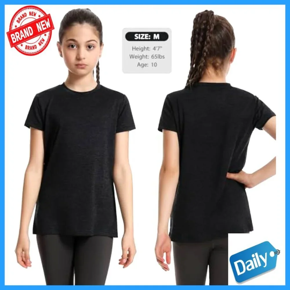 5 Pack Girls Athletic Shirts Quick Dry Sports Tees Short Sleeve Crew Neck